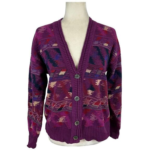 Vintage Sweaters - Vintage Tricots St. Raphael Purple Multicolor Western Cardigan Sweater Cotton S